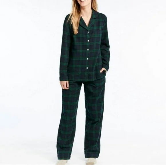 LL Bean flannel pajamas women's XL petite green and blue Scotch plaid pockets - Picture 2 of 16